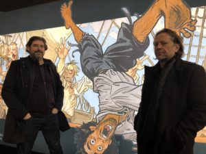 VICENÇ BATALLA | Le dessinateur Juanjo Guarnido et le scénariste Alain Ayroles au Festival d'Angoulême en janvier, avec le personnage de <em>Les Indes fourbes</em> en toile de fond