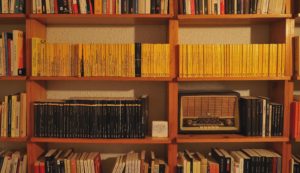 ARCHIVO | La biblioteca personal de Rafael Vallbona, con la colección La Cua de Palla arriba (en amarillo) y la colección Crims.cat abajo (en negro y franja amarilla)